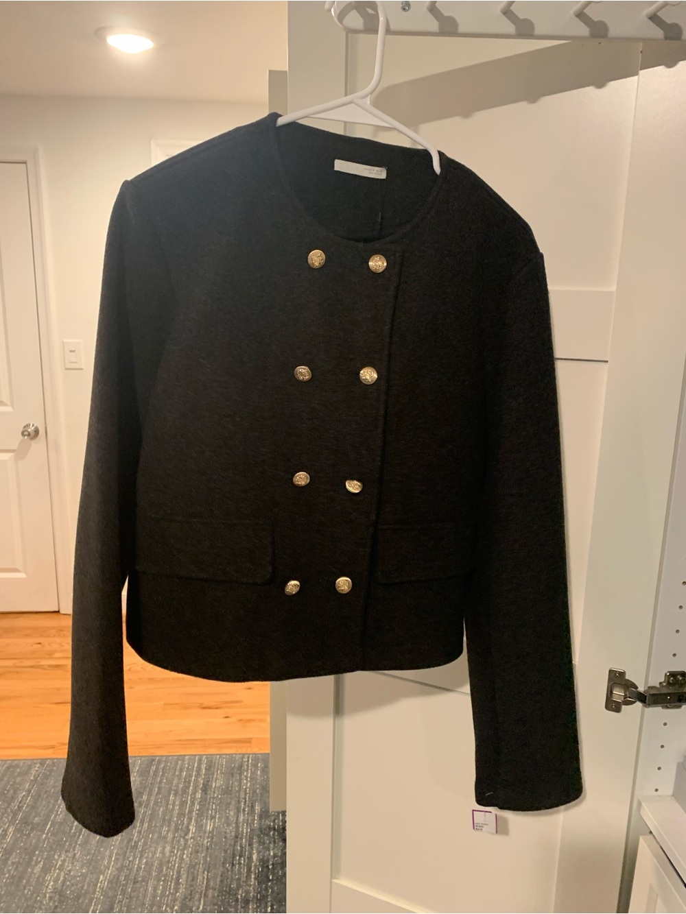 Zara Dark Charcoal Cropped Double-Breasted Blazer with Gold Buttons